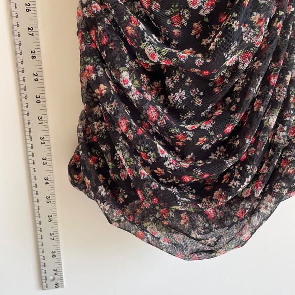 Dainty Floral Chiffon Lace Ruched Mini Dress Size L Black Fairy Whimsy Goth Y2k - Picture 8 of 11